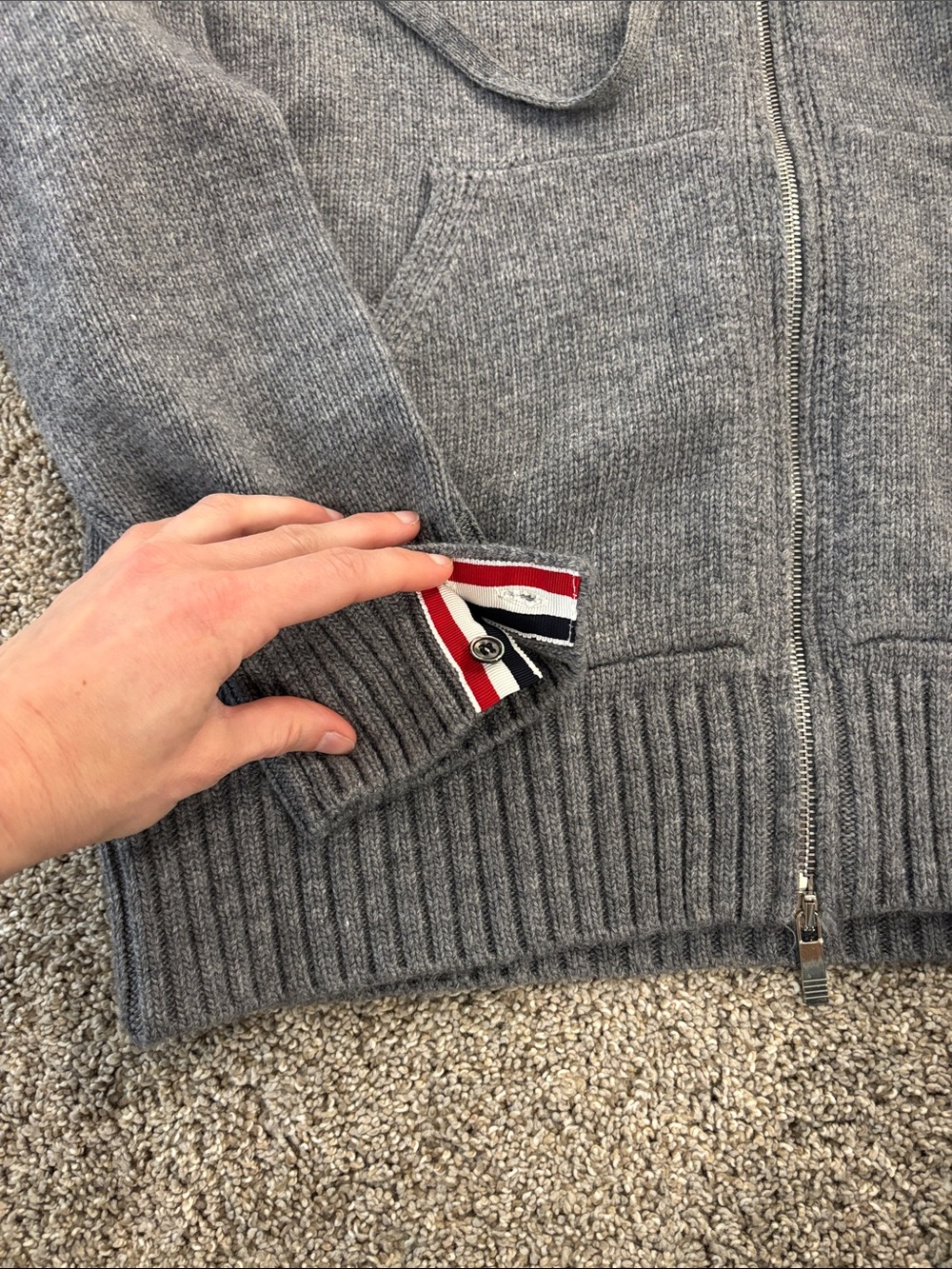 Thom Browne Gray Sailboat Knit Hoodie with Contrasting Stripe - Picture 7 of 8